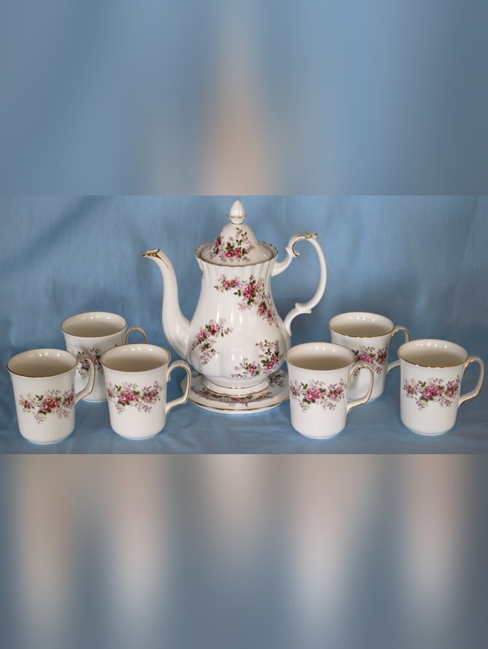 Royal Albert Lavender Rose Coffee Pot with Trivet and 6 Bristol Mugs.England